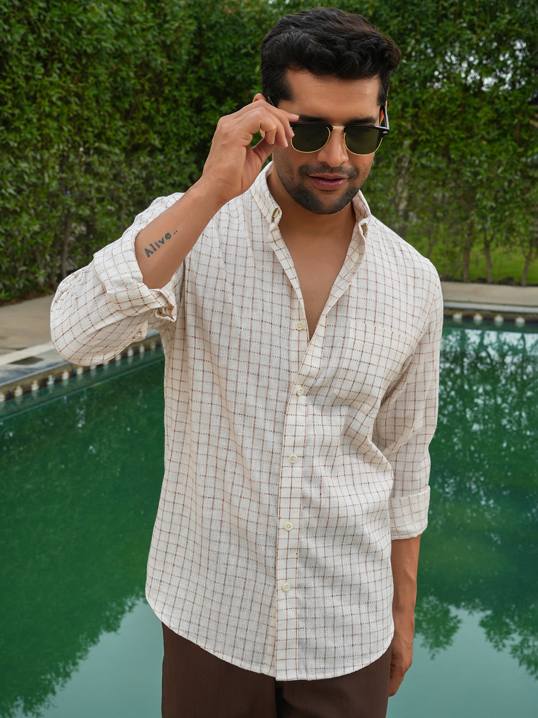 Cream Checked Slim Fit Linen Cotton Shirt