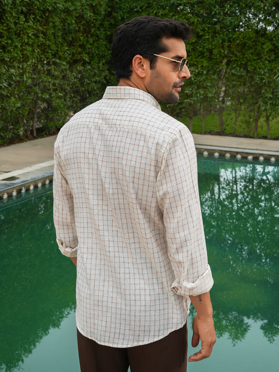 Cream Checked Slim Fit Linen Cotton Shirt