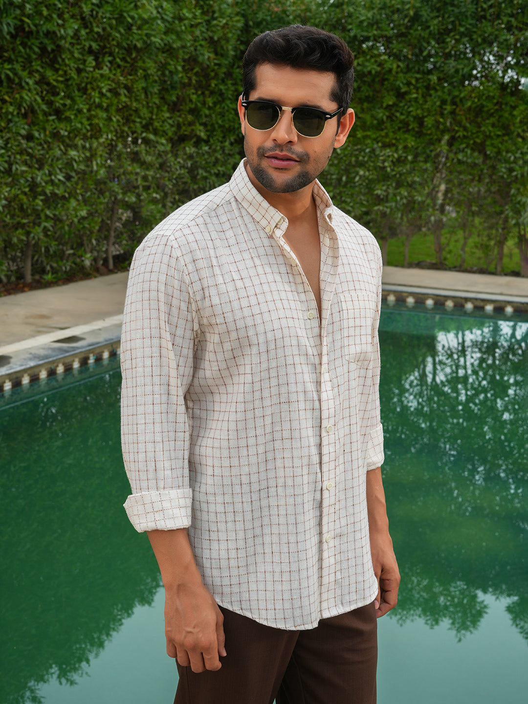 Cream Checked Slim Fit Linen Cotton Shirt