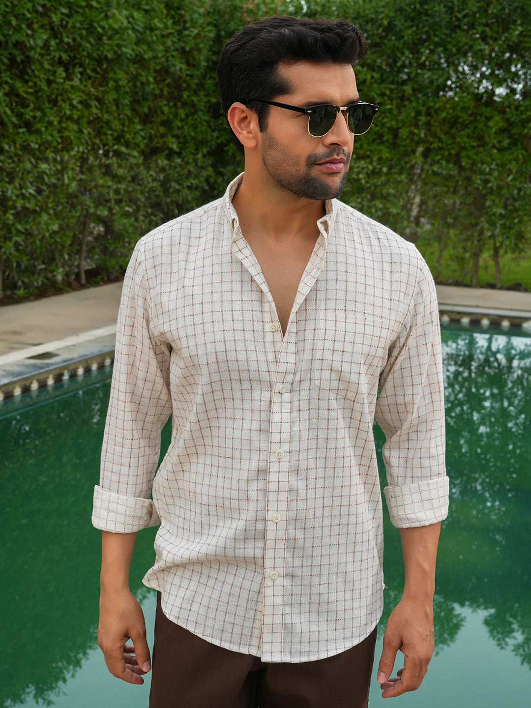 Cream Checked Slim Fit Linen Cotton Shirt