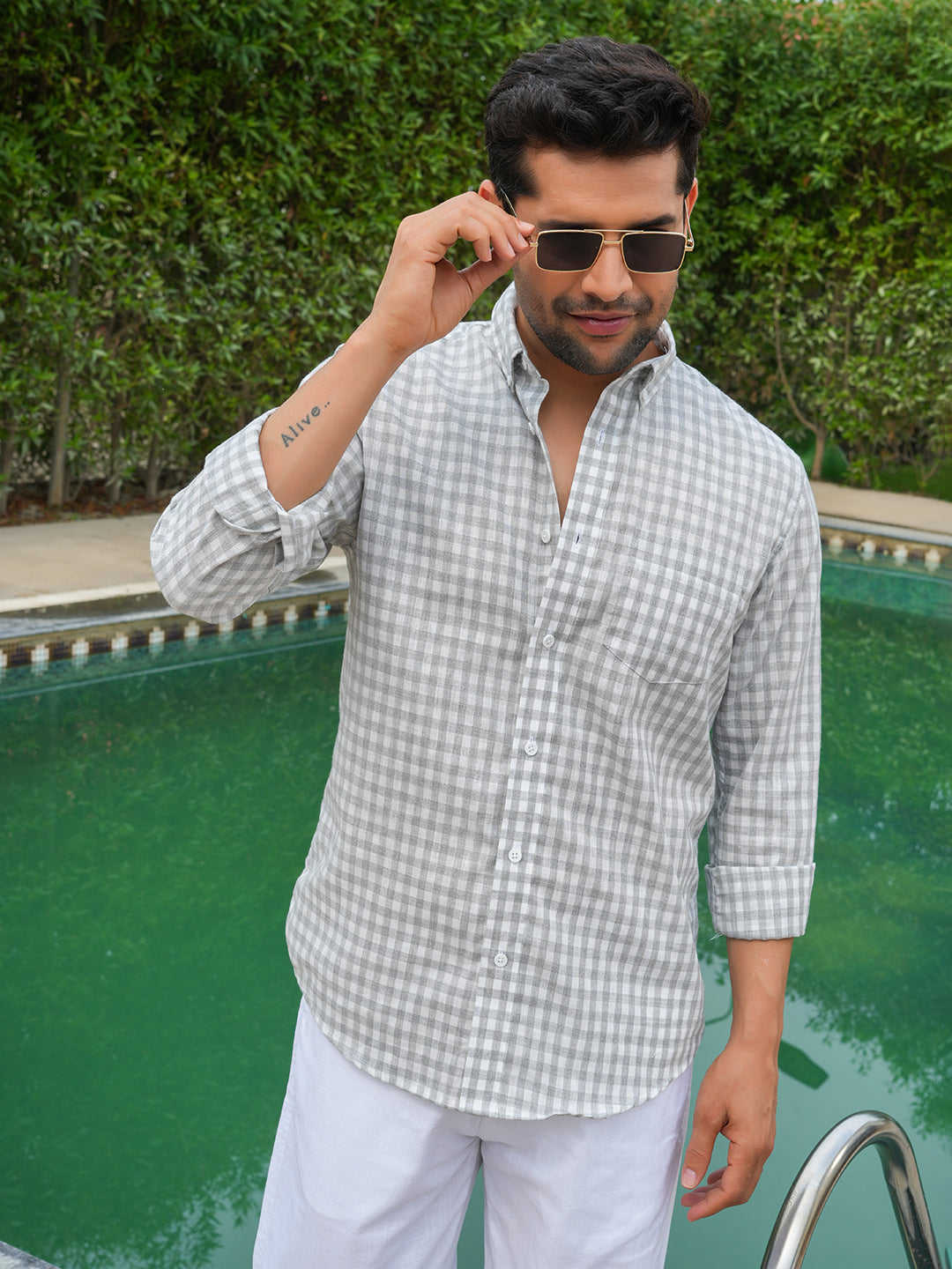 Grey Checked Slim Fit Linen Cotton Shirt