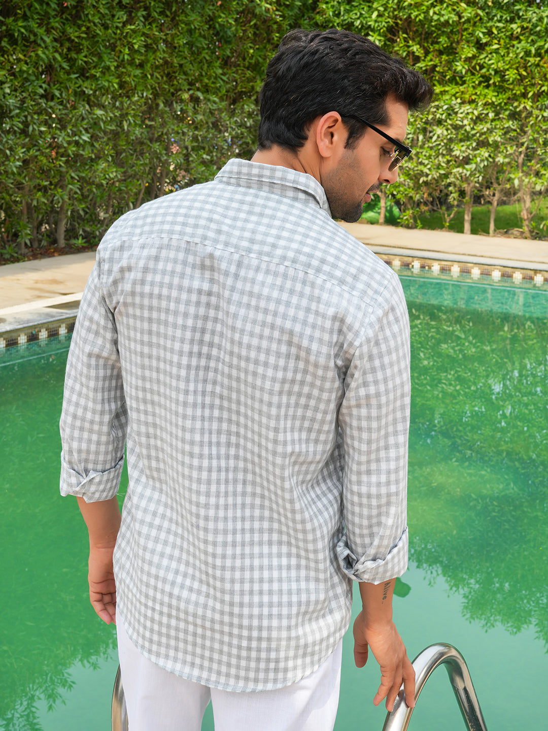 Grey Checked Slim Fit Linen Cotton Shirt