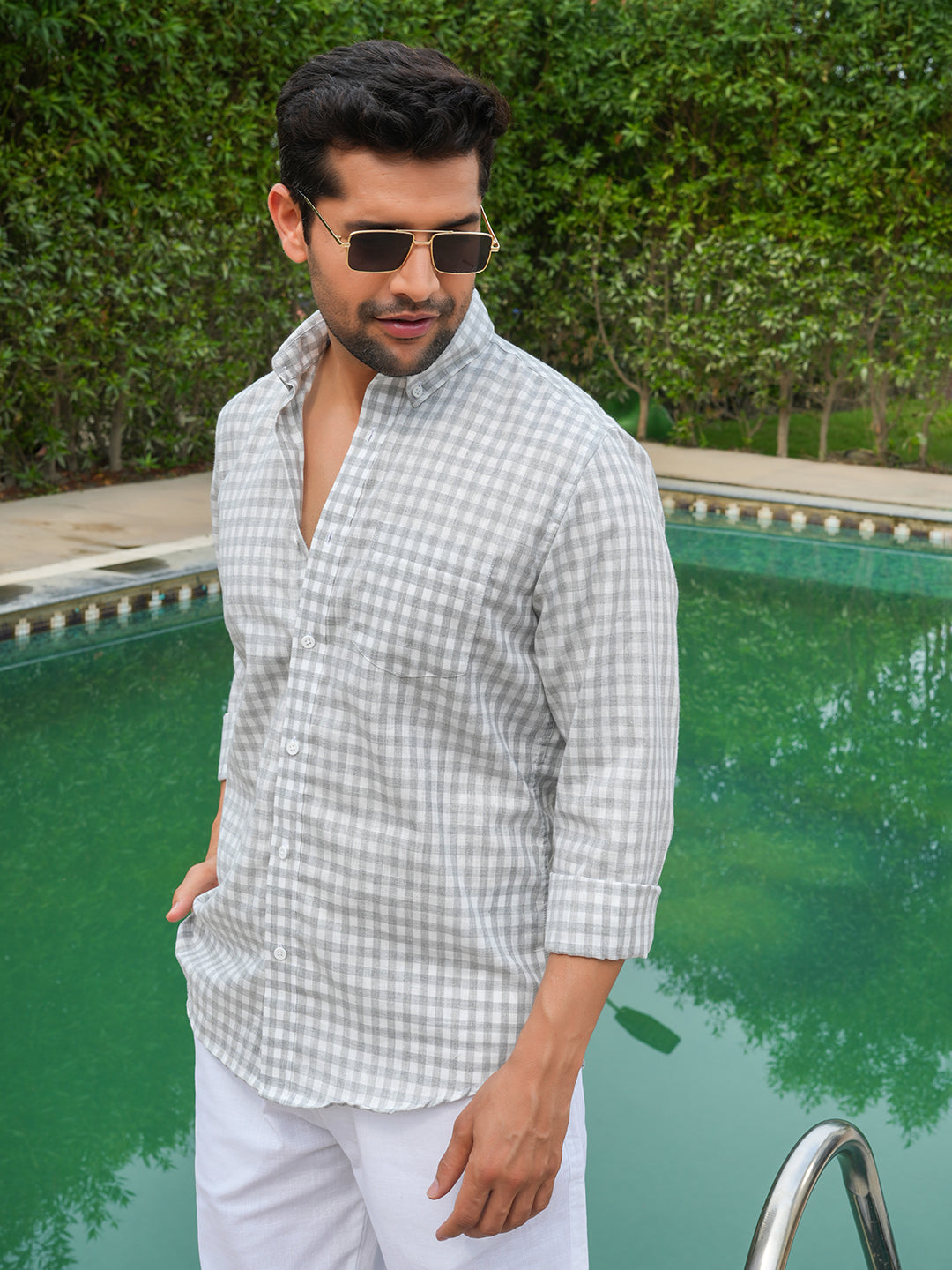 Grey Checked Slim Fit Linen Cotton Shirt