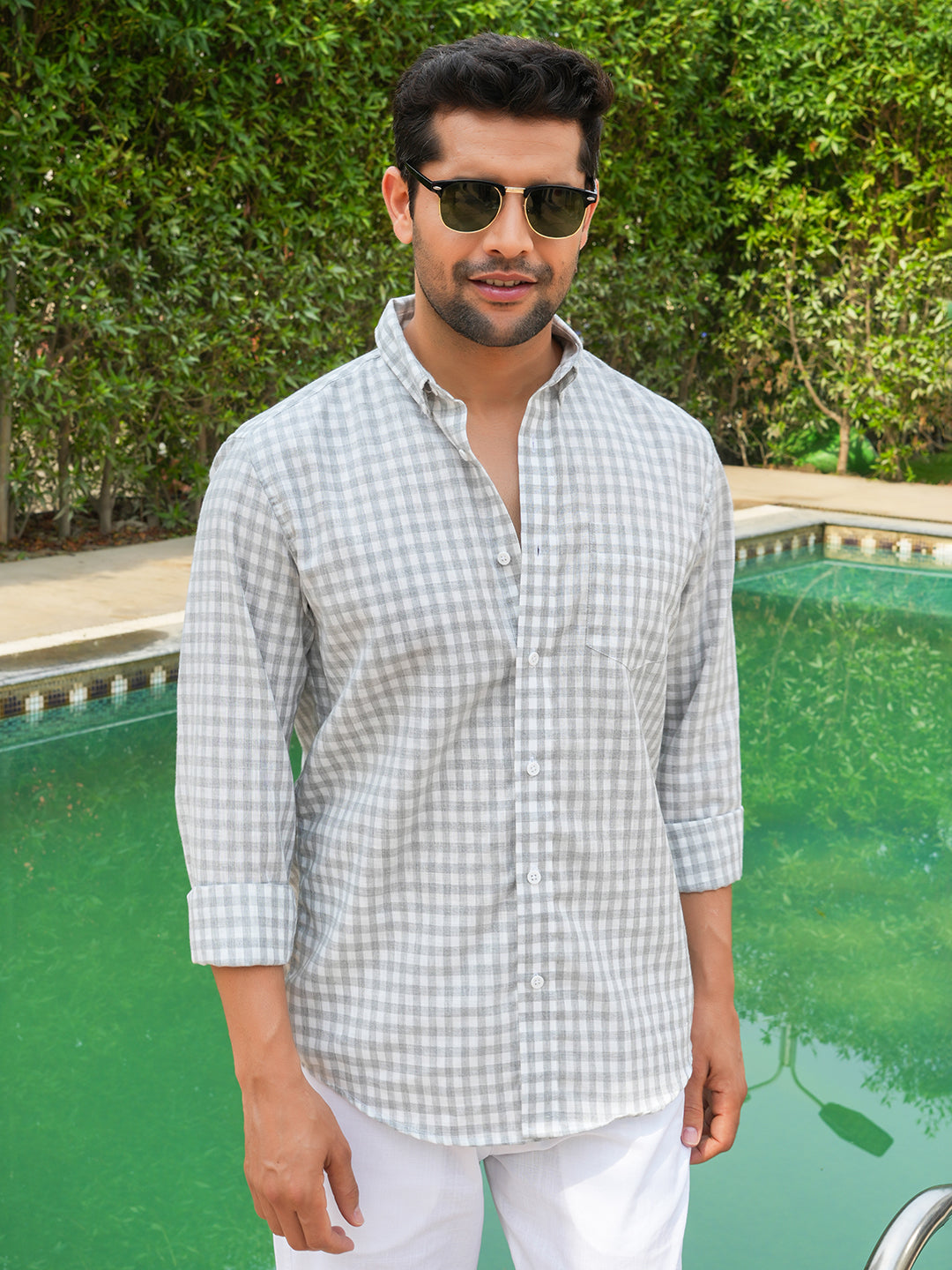 Grey Checked Slim Fit Linen Cotton Shirt