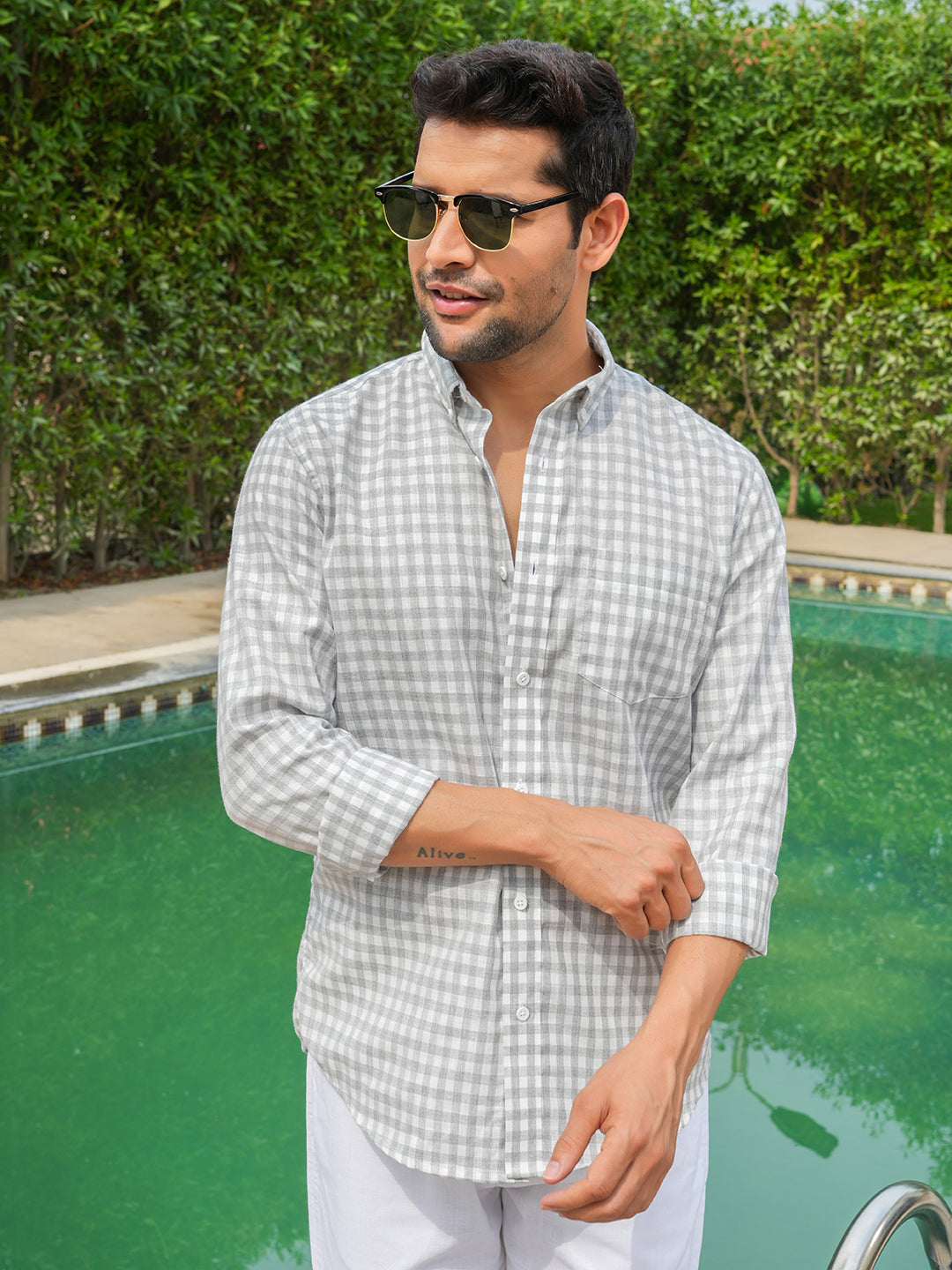 Grey Checked Slim Fit Linen Cotton Shirt