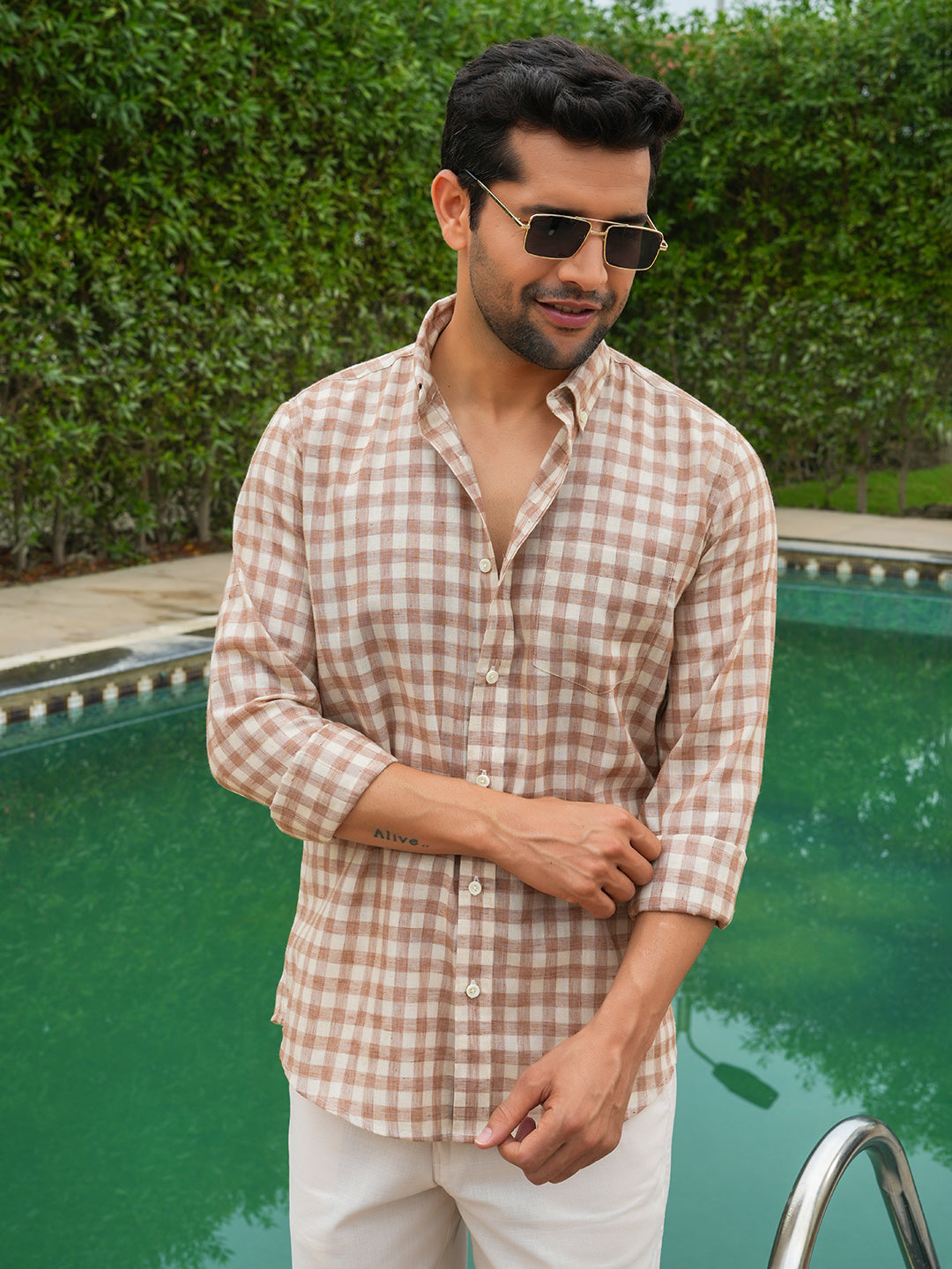 Rust Checked Slim Fit Linen Cotton Shirt