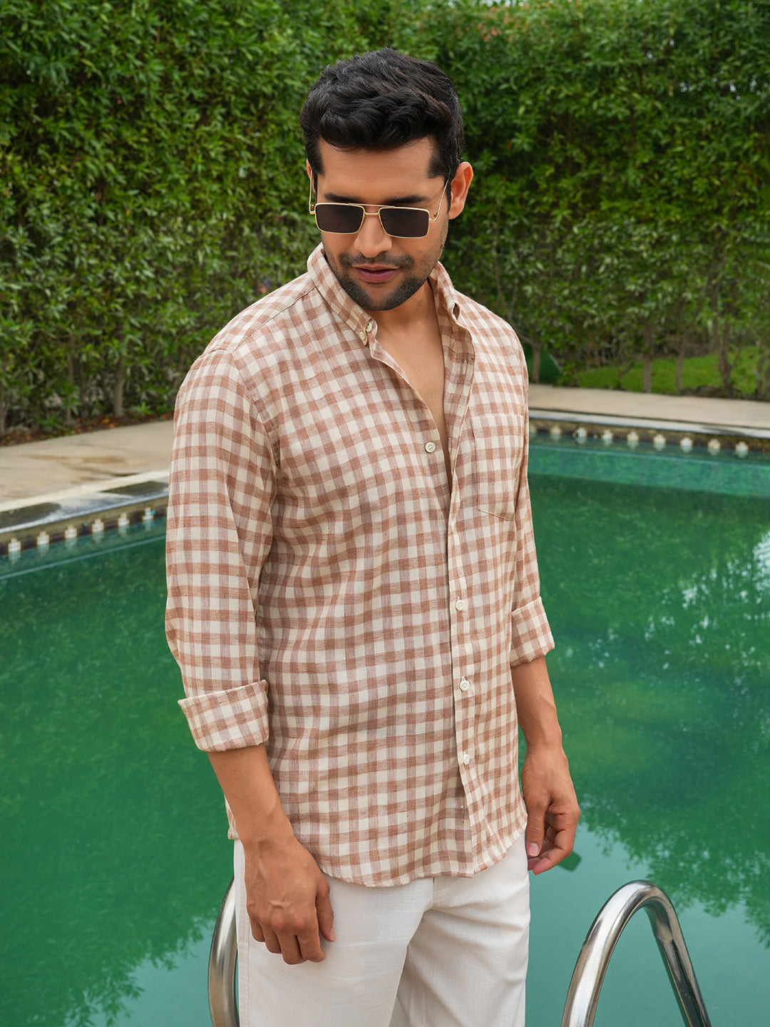 Rust Checked Slim Fit Linen Cotton Shirt