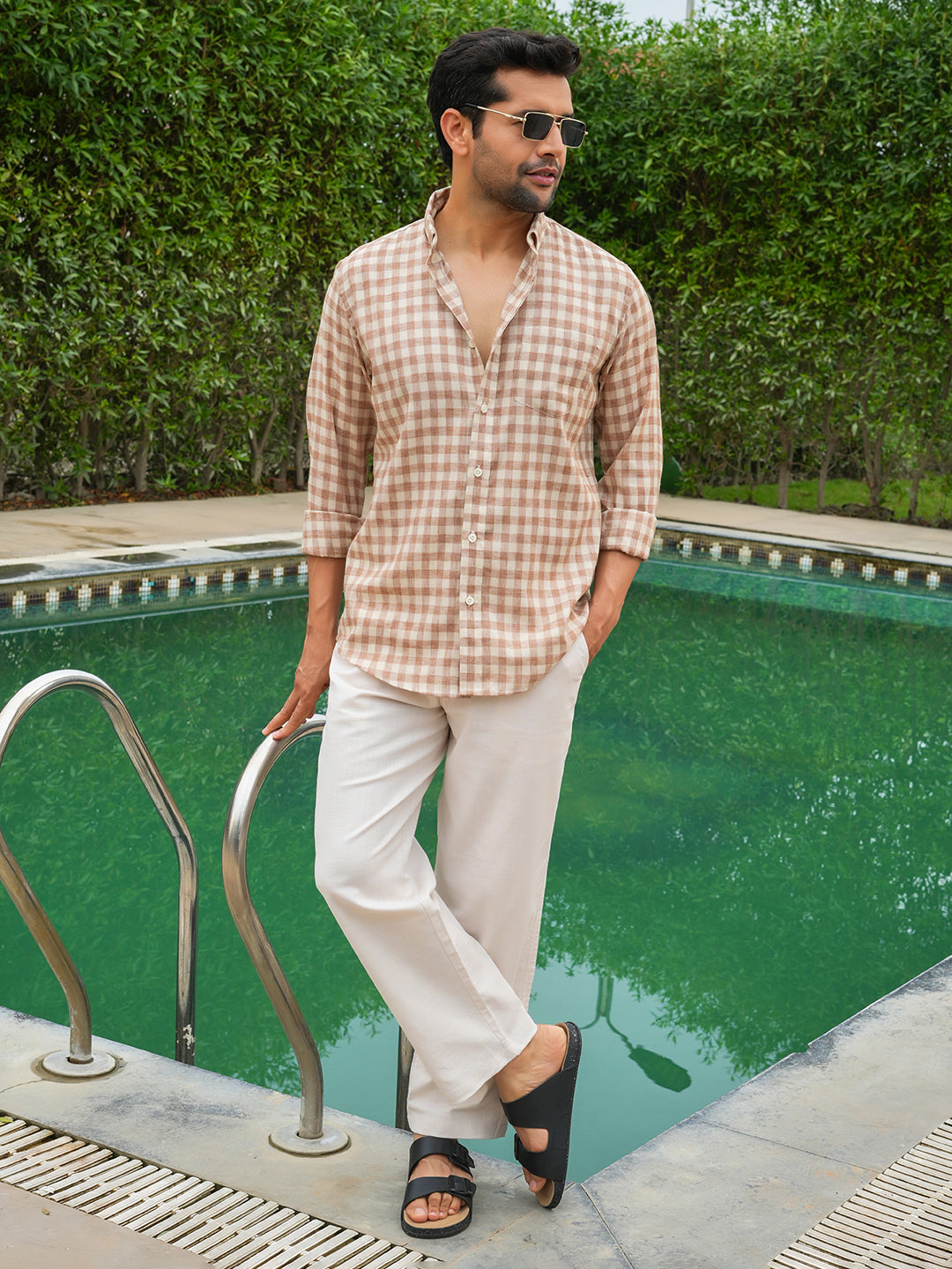 Rust Checked Slim Fit Linen Cotton Shirt