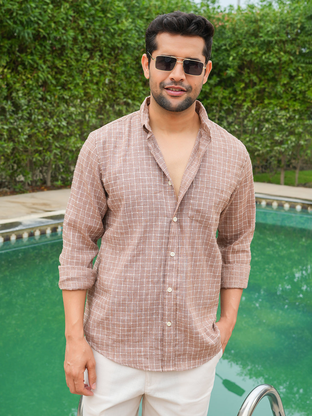 Rust and White Checked Slim Fit Linen Cotton Shirt