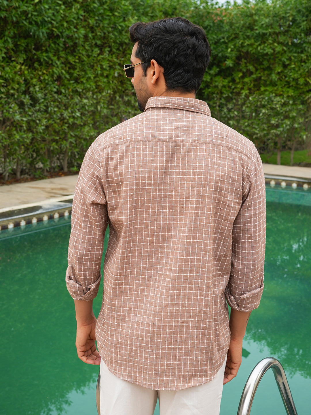 Rust and White Checked Slim Fit Linen Cotton Shirt