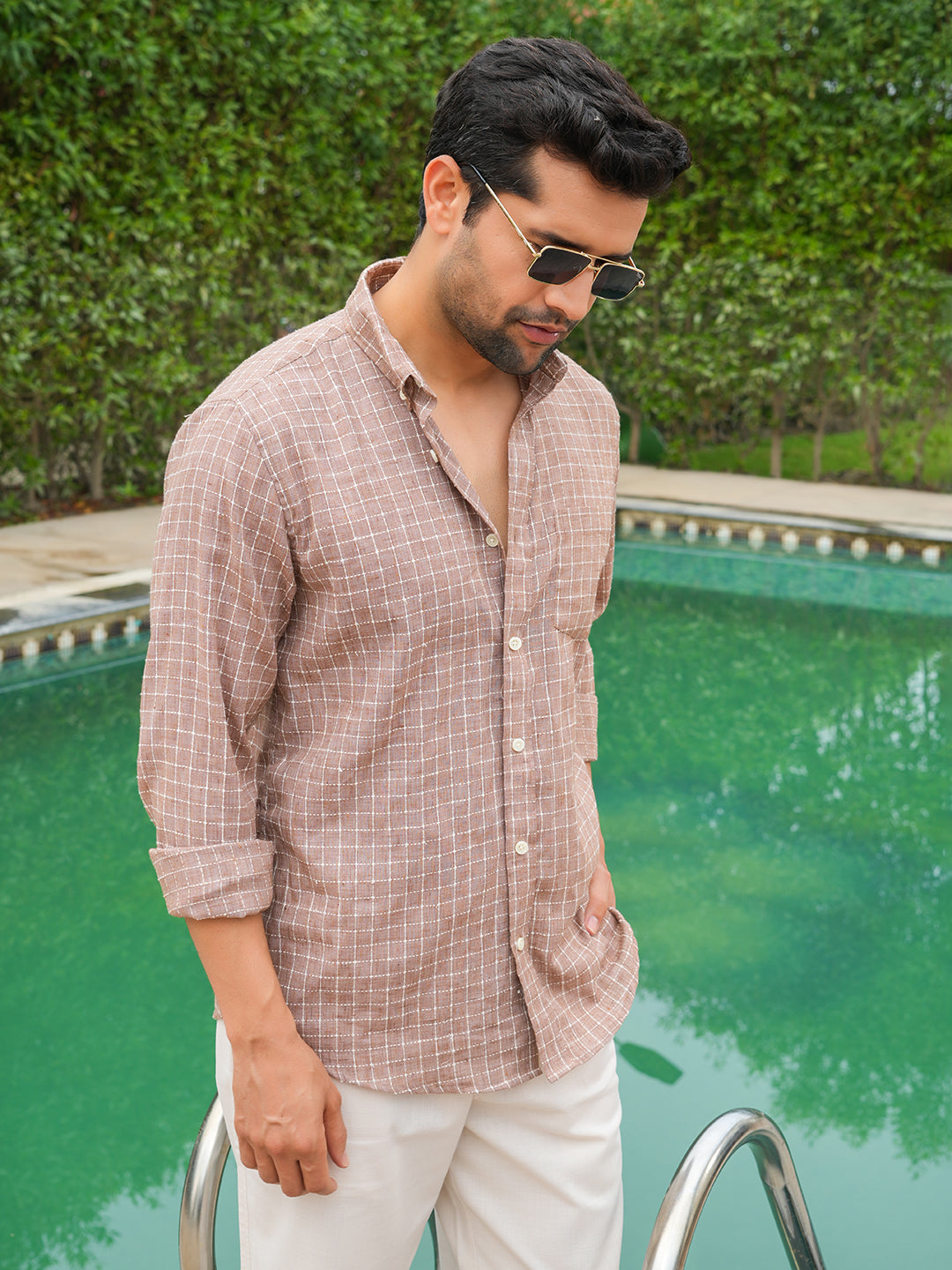 Rust and White Checked Slim Fit Linen Cotton Shirt