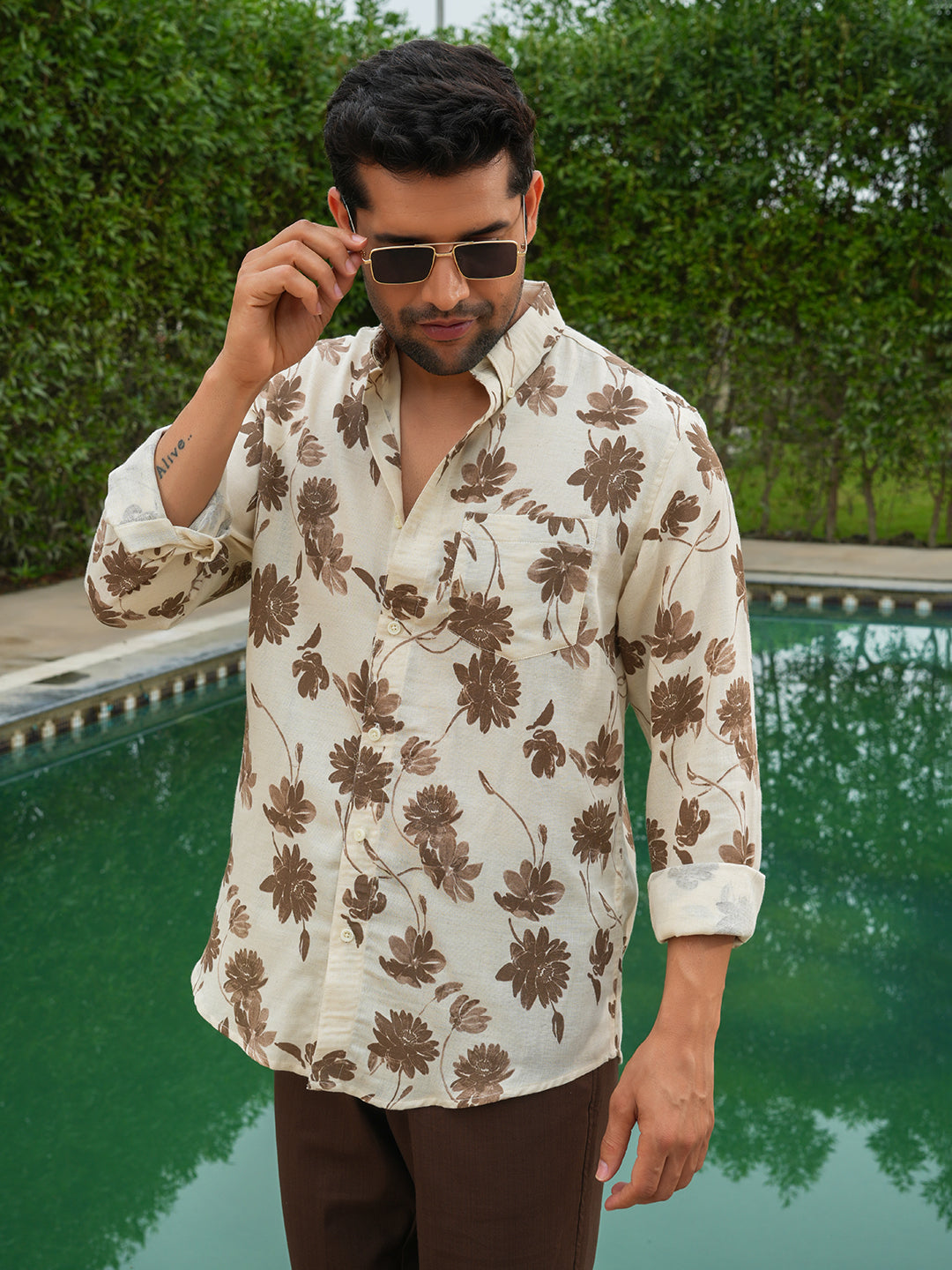 Cream & Brown Printed Slim Fit Linen Cotton Shirt