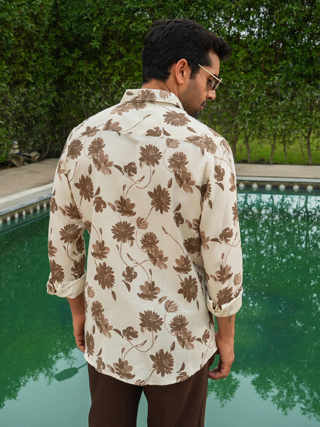 Cream & Brown Printed Slim Fit Linen Cotton Shirt