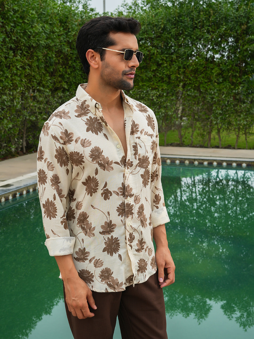 Cream & Brown Printed Slim Fit Pre-Washed Linen Cotton Shirt