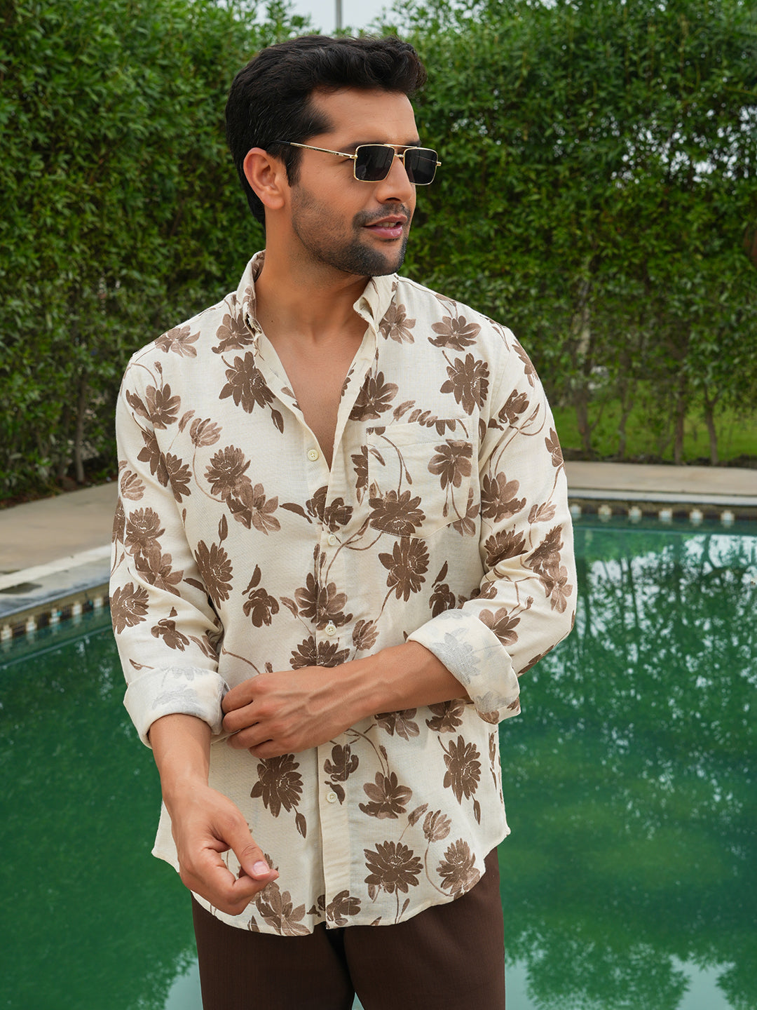 Cream & Brown Printed Slim Fit Pre-Washed Linen Cotton Shirt