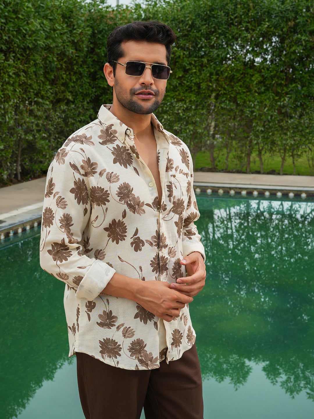 Cream & Brown Printed Slim Fit Pre-Washed Linen Cotton Shirt