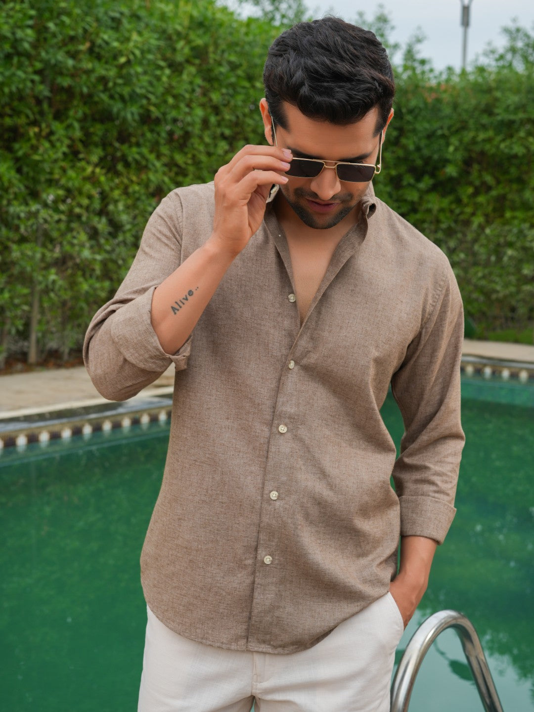 Brown Natural Textured Solid Slim Fit Linen Cotton Shirt