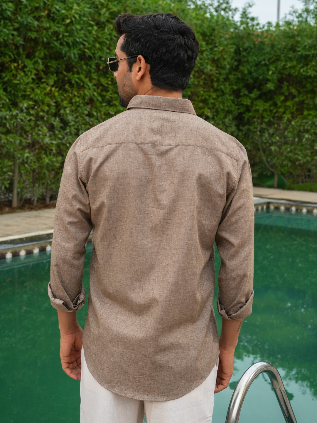 Brown Natural Textured Solid Slim Fit Linen Cotton Shirt