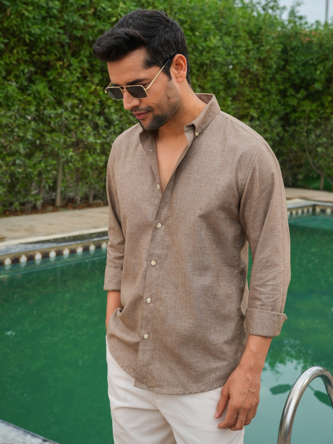 Brown Natural Textured Solid Slim Fit Linen Cotton Shirt