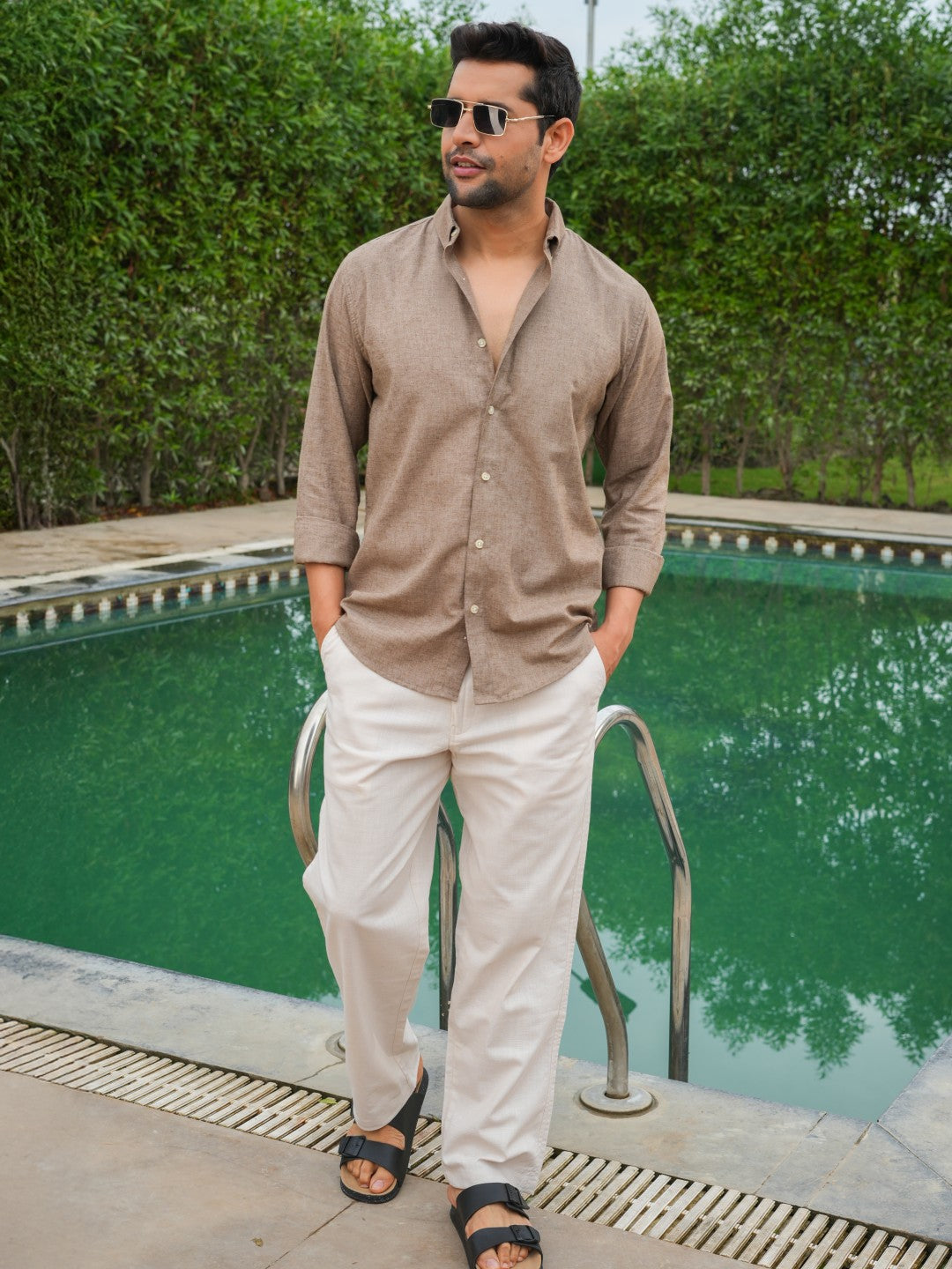 Brown Natural Textured Solid Slim Fit Linen Cotton Shirt