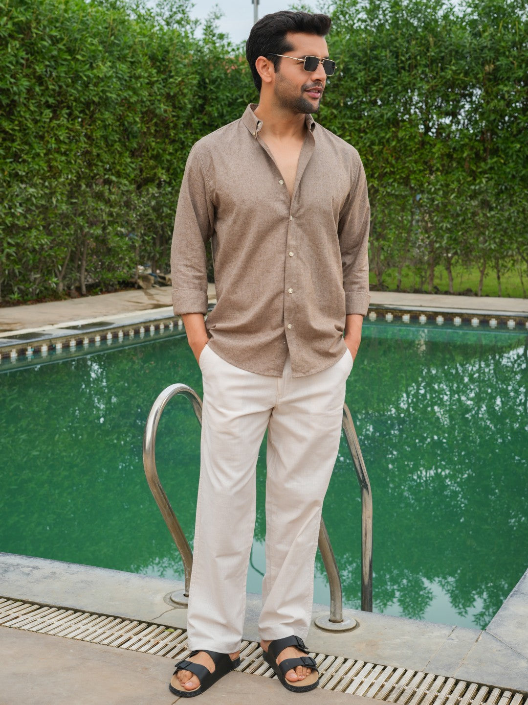 Brown Natural Textured Solid Slim Fit Linen Cotton Shirt