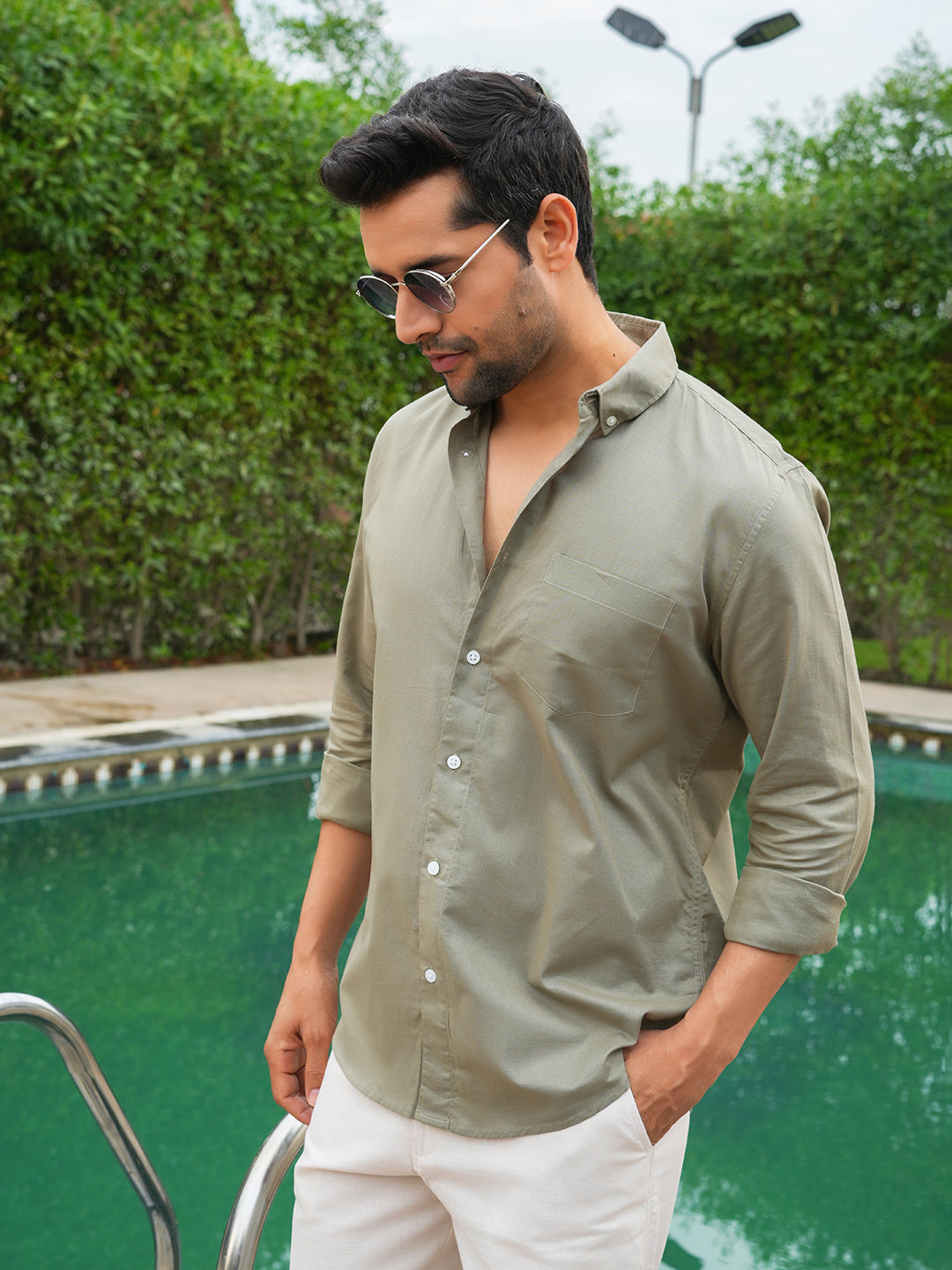 Khaki Solid Slim Fit Linen Cotton Shirt