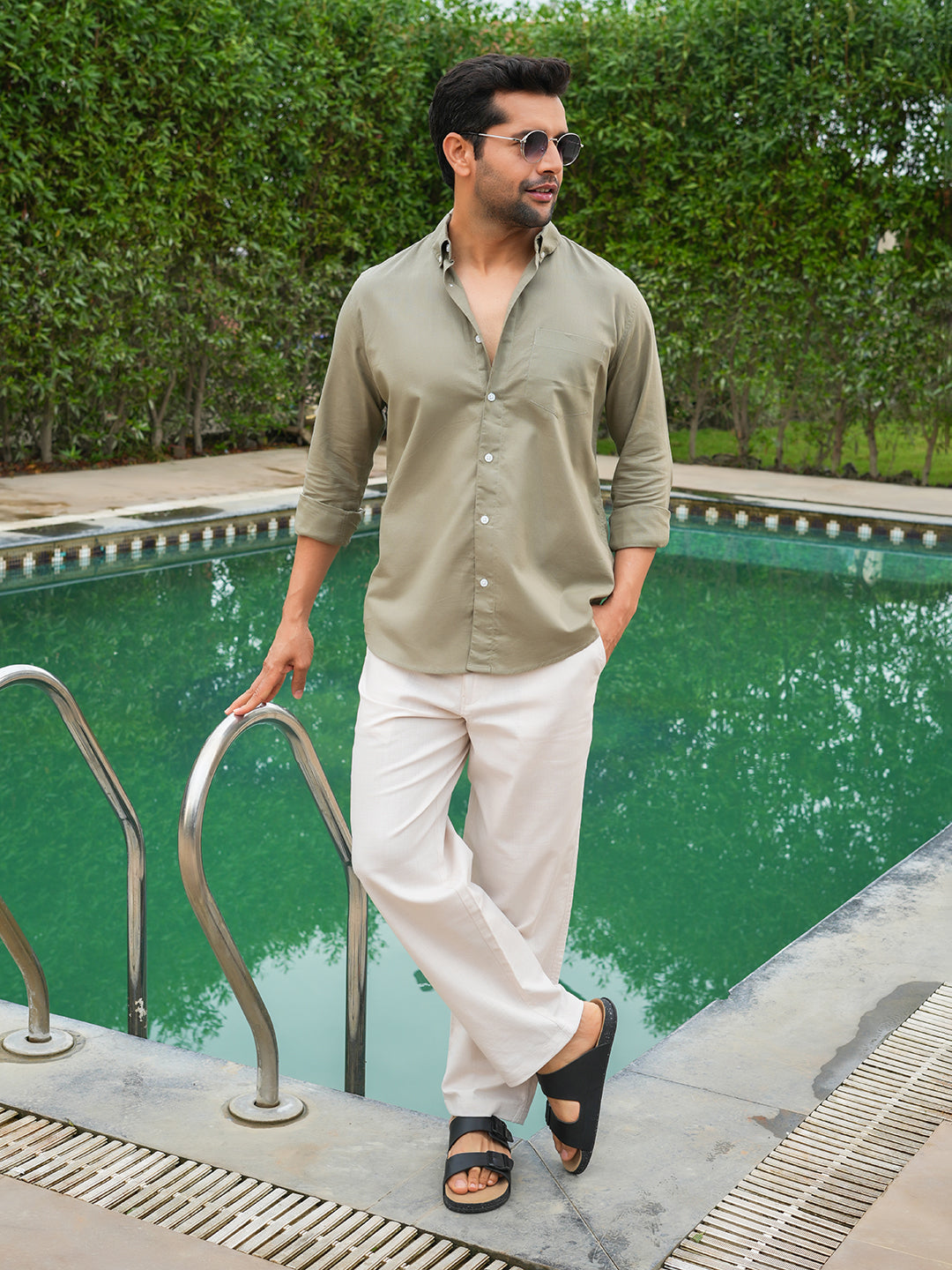 Khaki Solid Slim Fit Linen Cotton Shirt