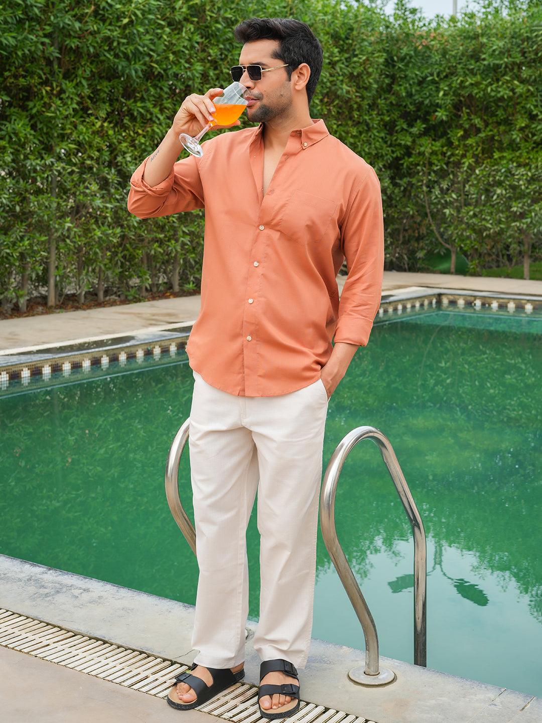 Orange Solid Slim Fit Linen Cotton Shirt