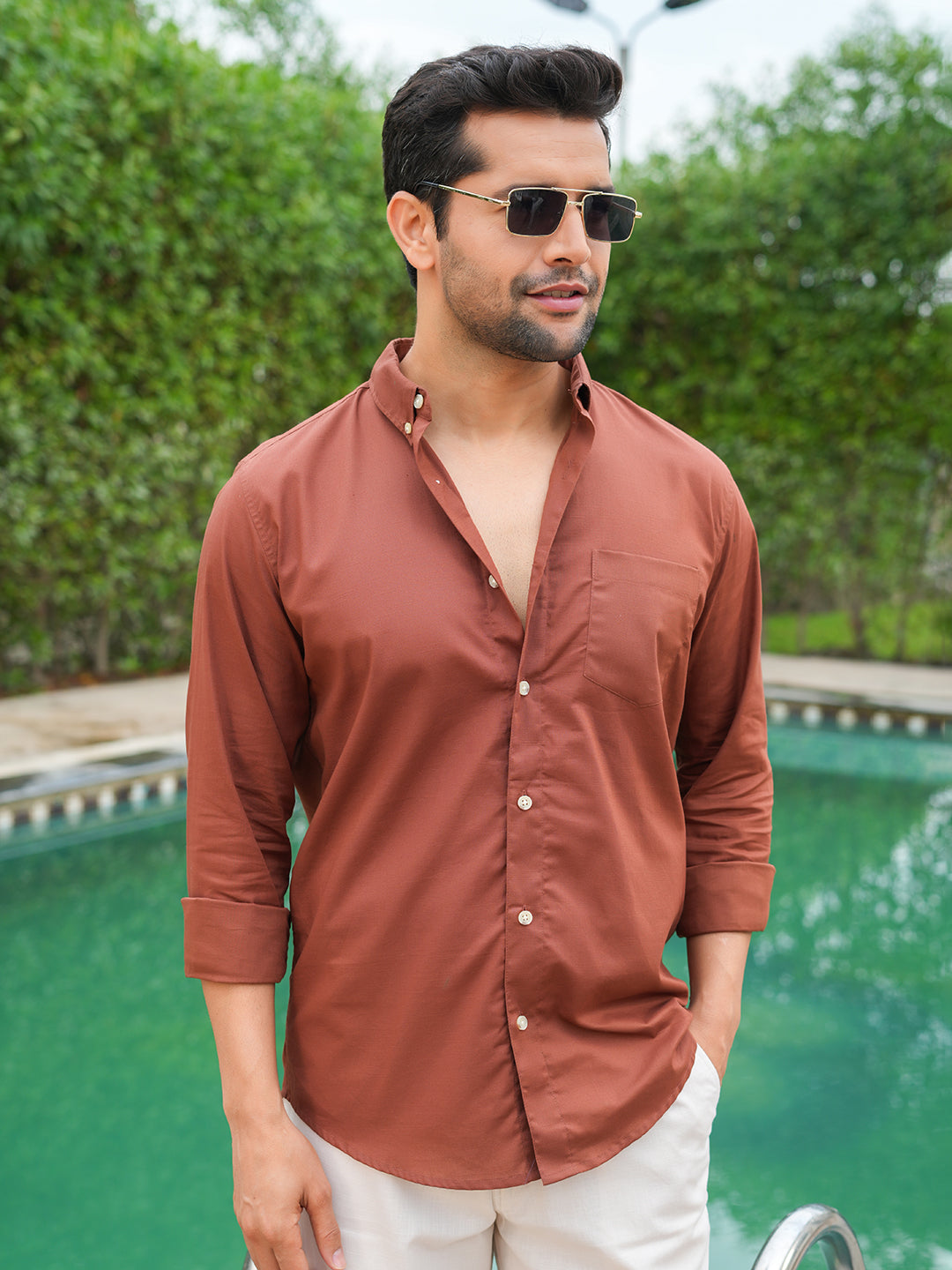 Rust Solid Slim Fit Linen Cotton Shirt