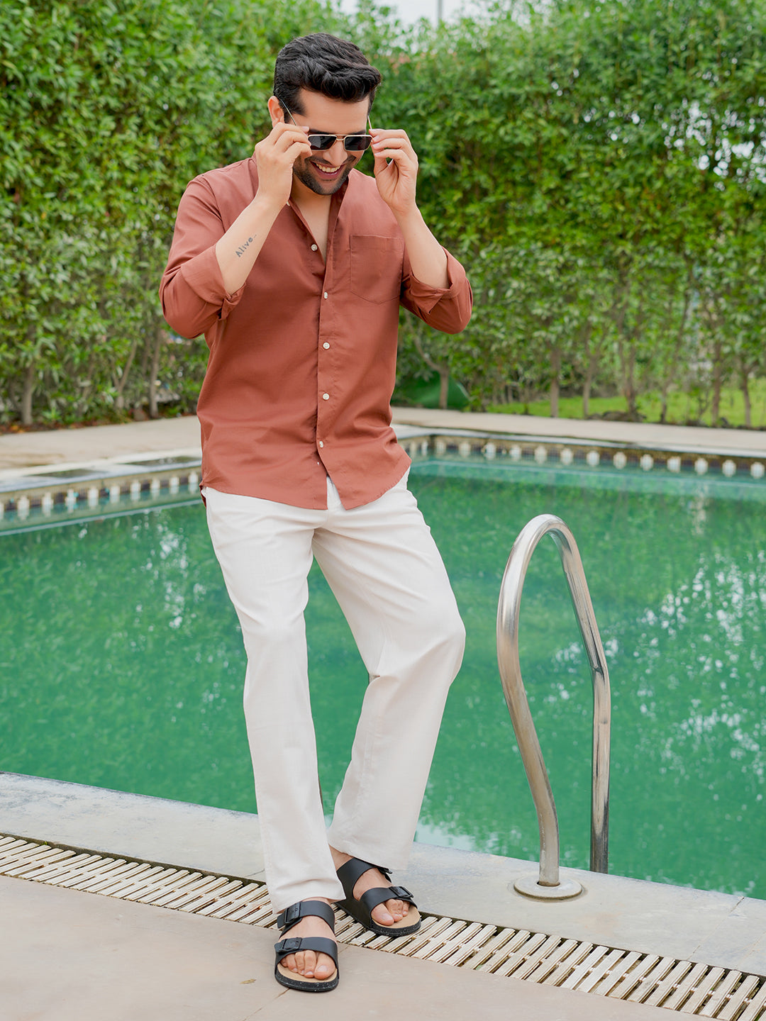 Rust Solid Slim Fit Linen Cotton Shirt