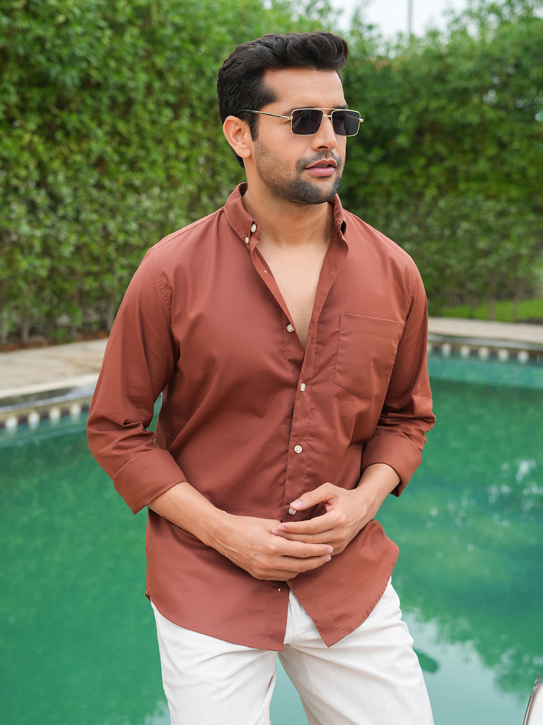 Rust Solid Slim Fit Linen Cotton Shirt