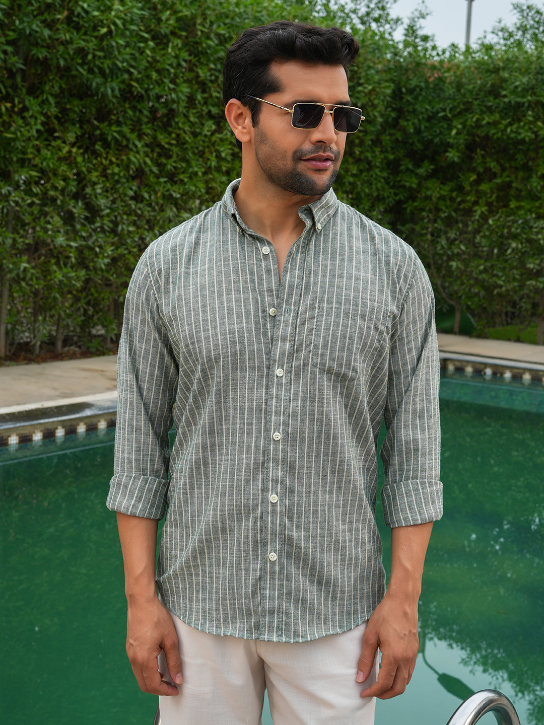 Green Striped Slim Fit Pre-Washed Linen Cotton Shirt