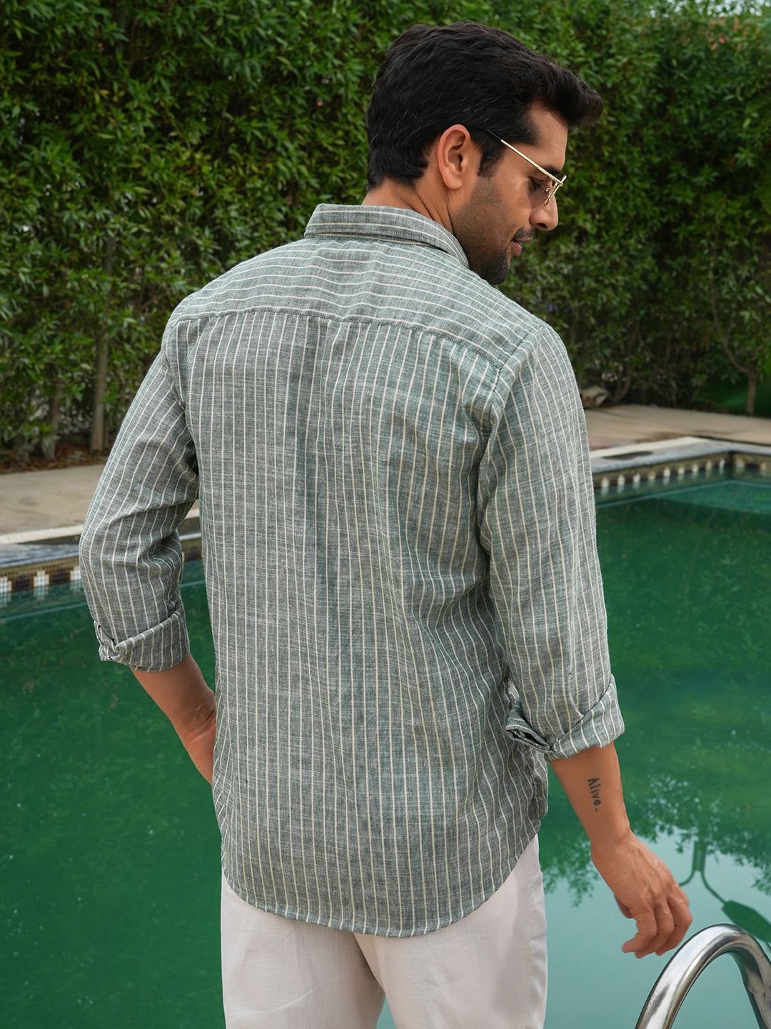 Green Striped Slim Fit Pre-Washed Linen Cotton Shirt