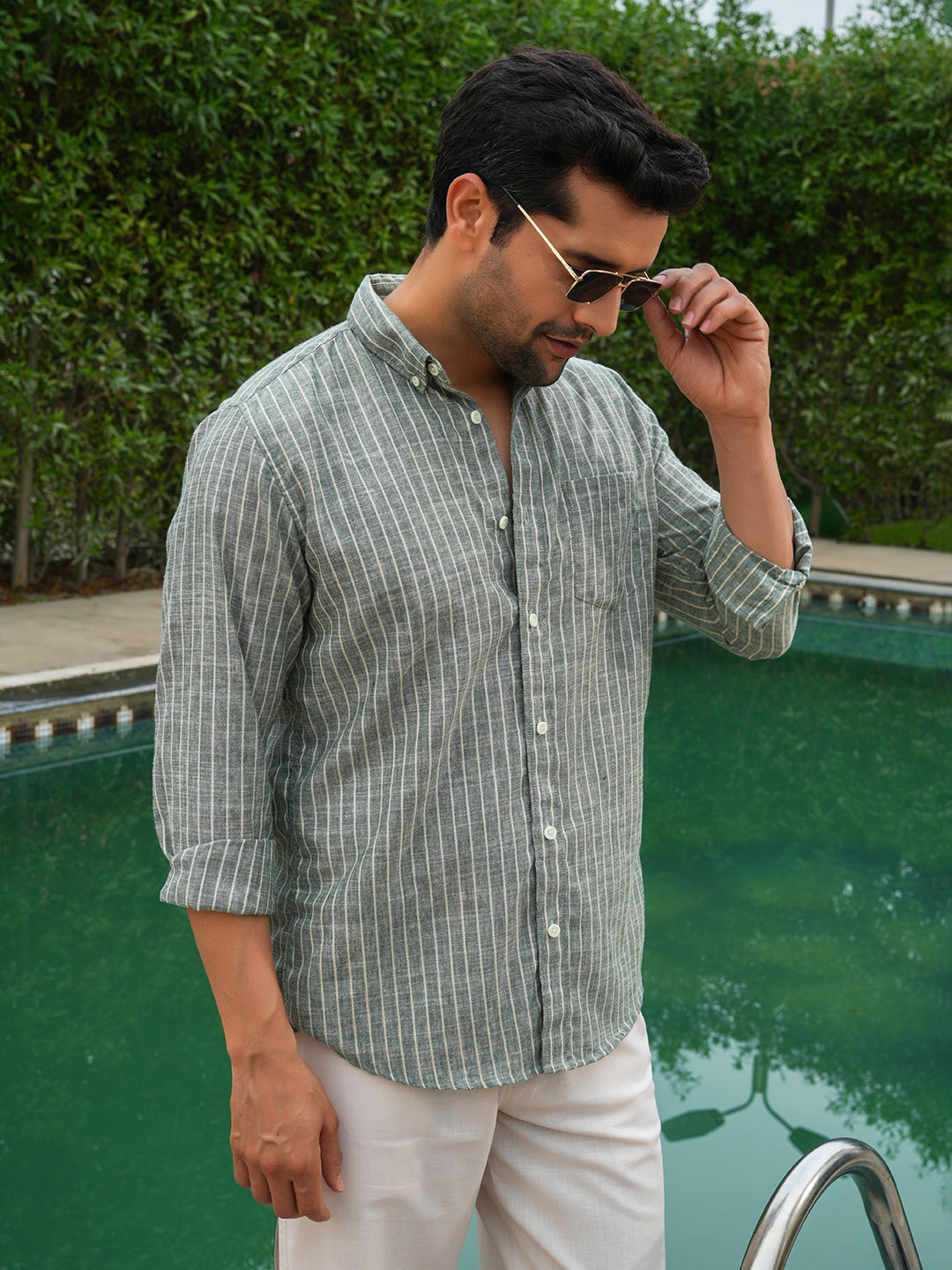 Green Striped Slim Fit Pre-Washed Linen Cotton Shirt