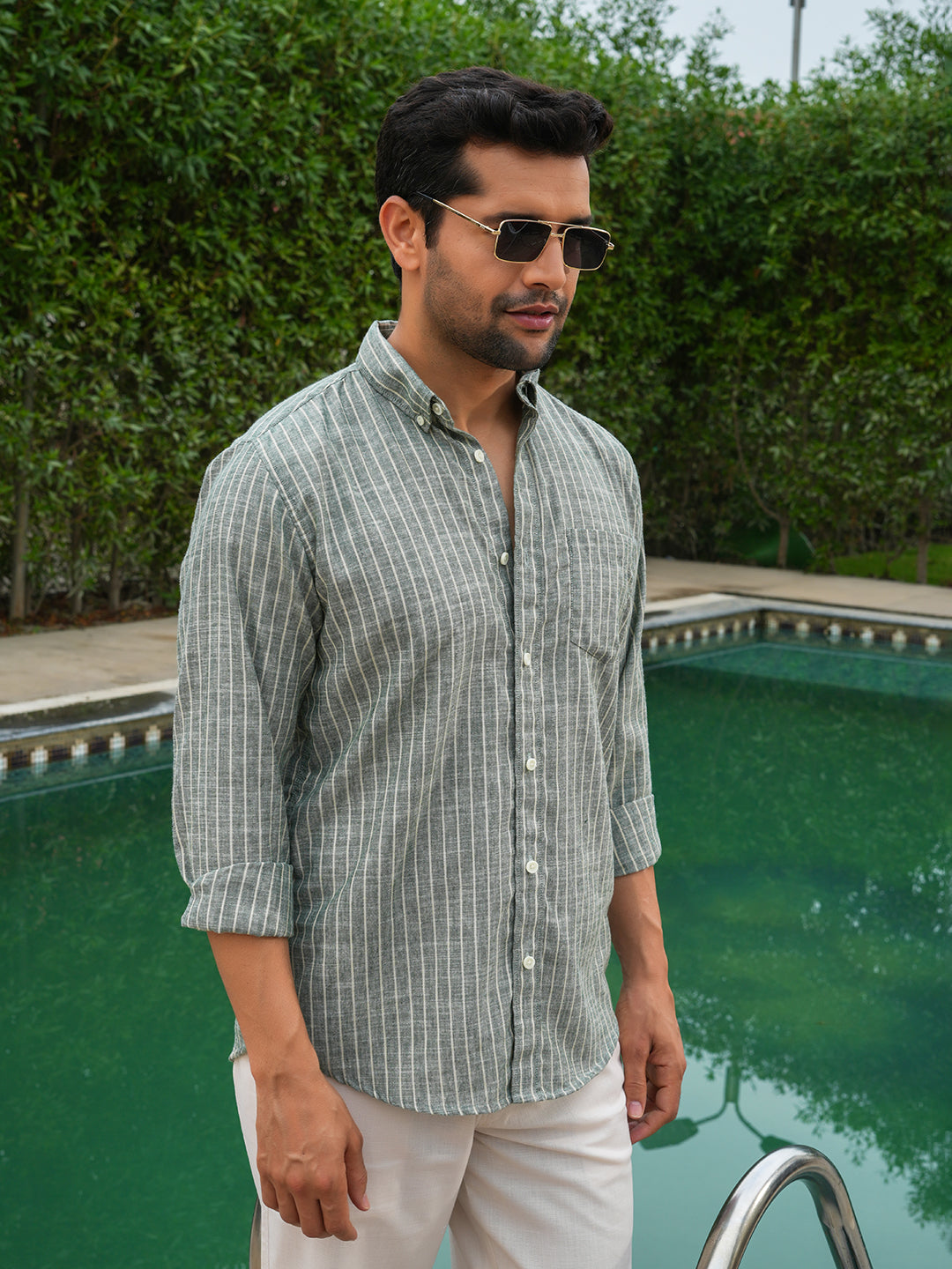Green Striped Slim Fit Pre-Washed Linen Cotton Shirt