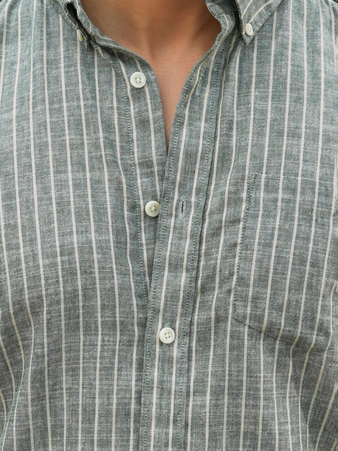 Green Striped Slim Fit Pre-Washed Linen Cotton Shirt