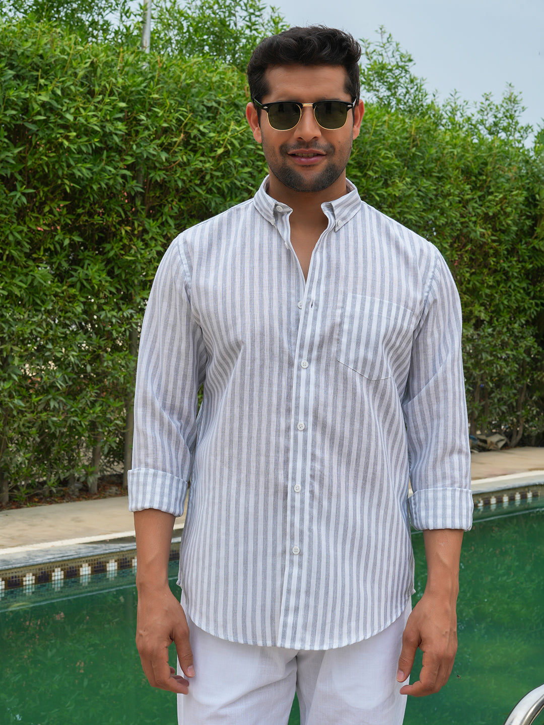 Grey Striped Slim Fit Linen Cotton Shirt.