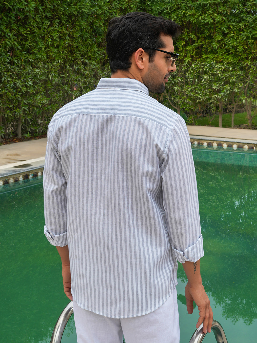 Grey Striped Slim Fit Linen Cotton Shirt.
