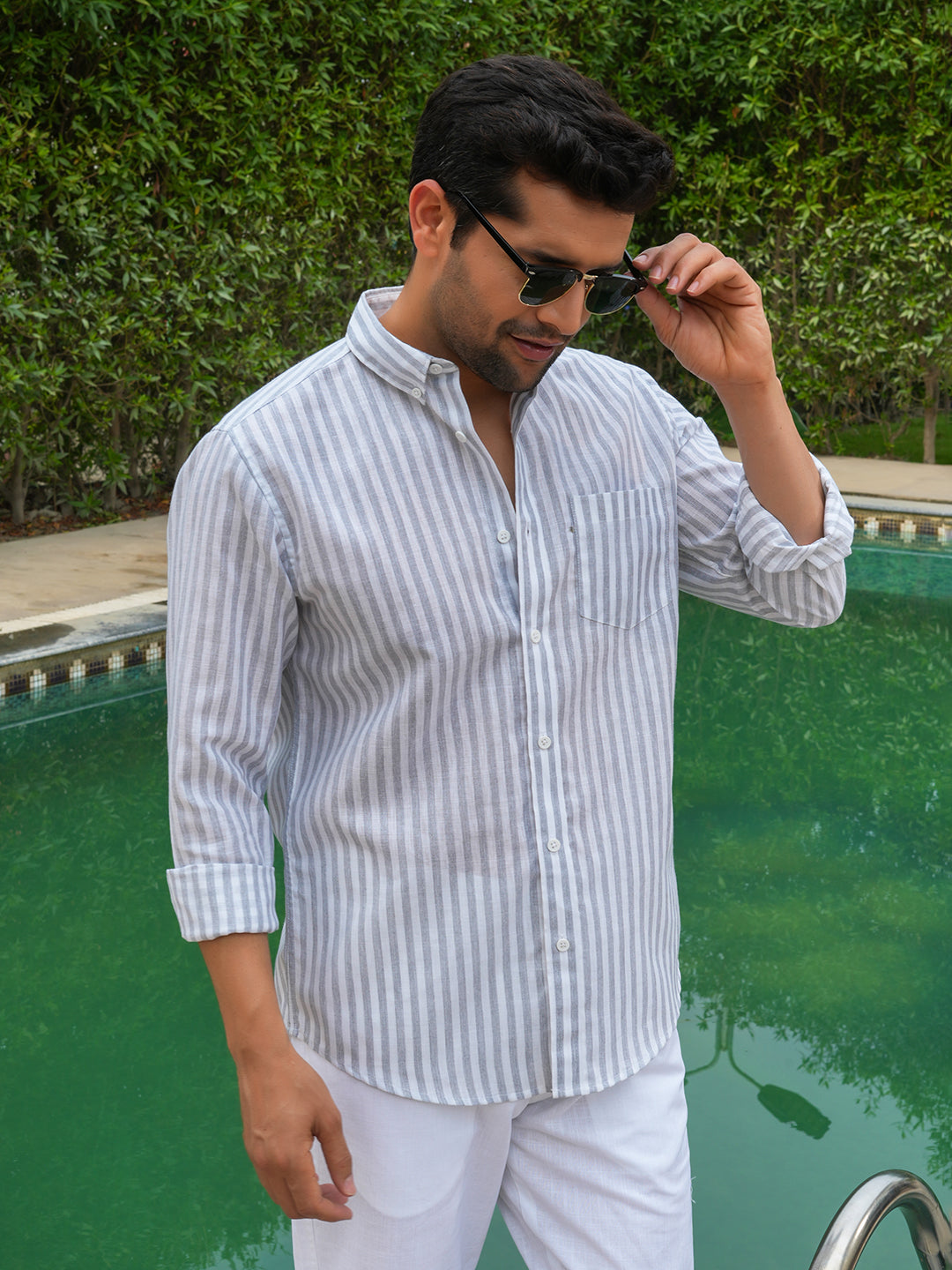 Grey Striped Slim Fit Linen Cotton Shirt.