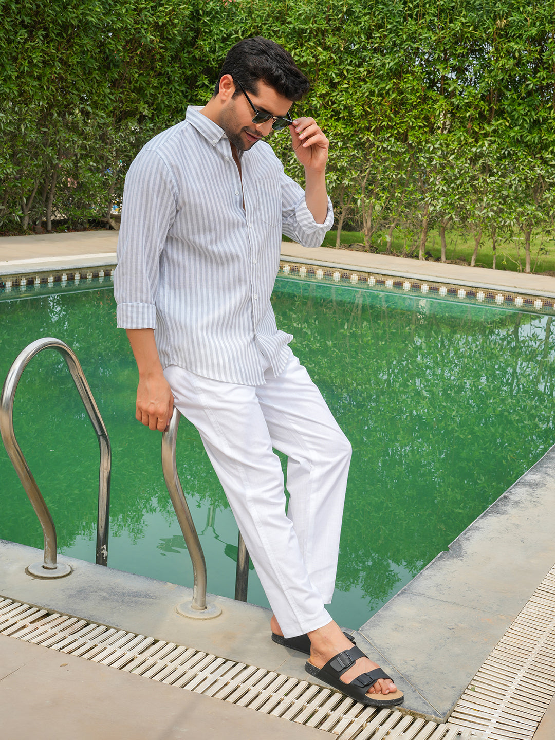 Grey Striped Slim Fit Linen Cotton Shirt.