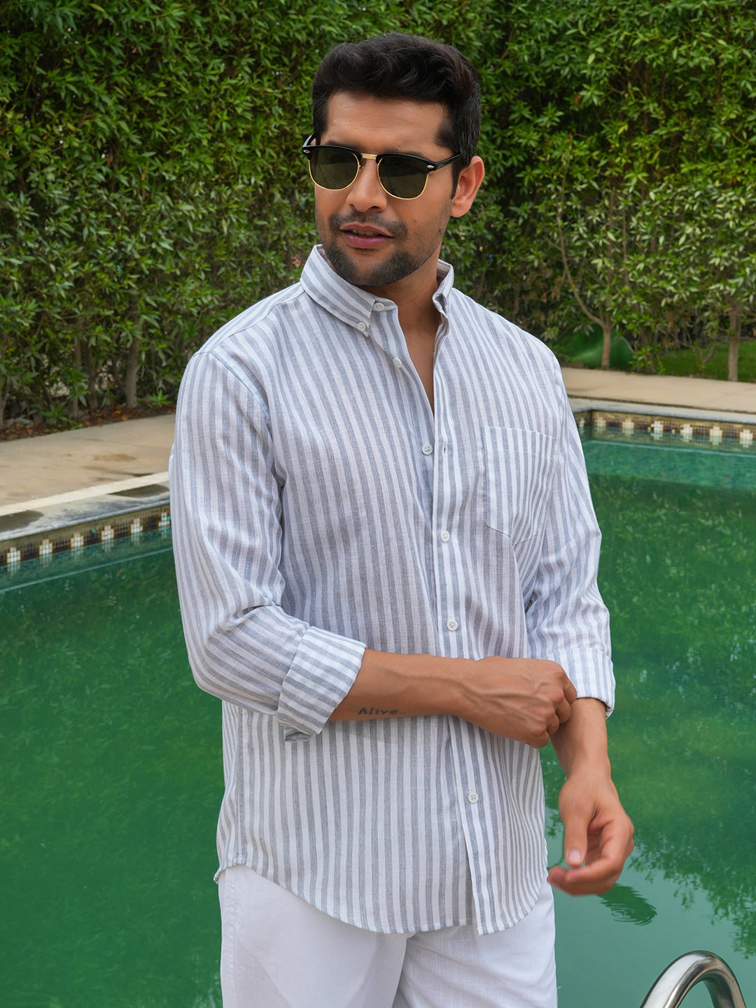 Grey Striped Slim Fit Linen Cotton Shirt.