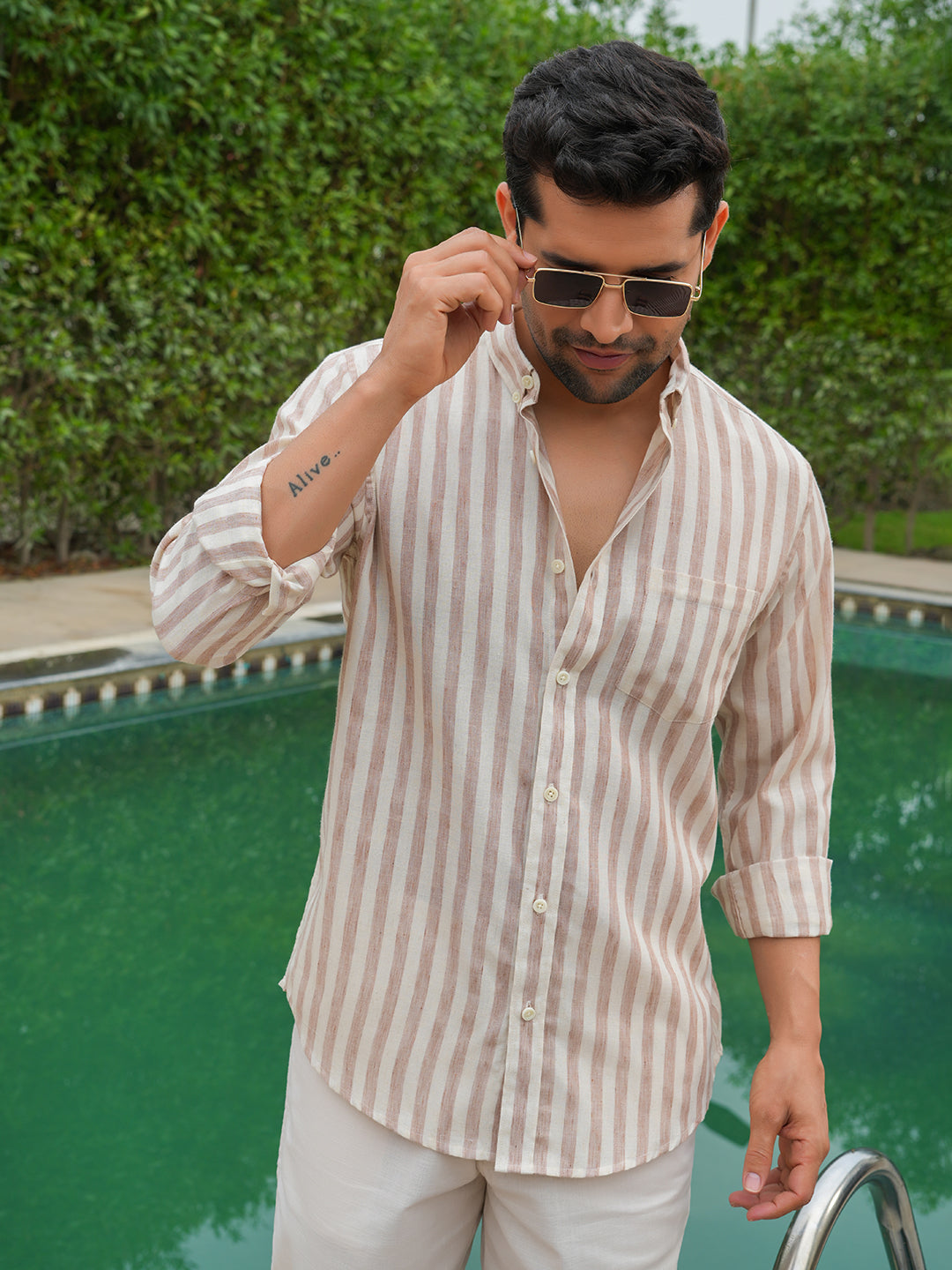 Rust Striped Slim Fit Linen Cotton Shirt