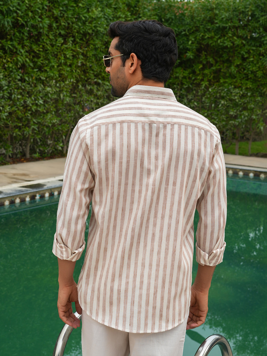 Rust Striped Slim Fit Linen Cotton Shirt