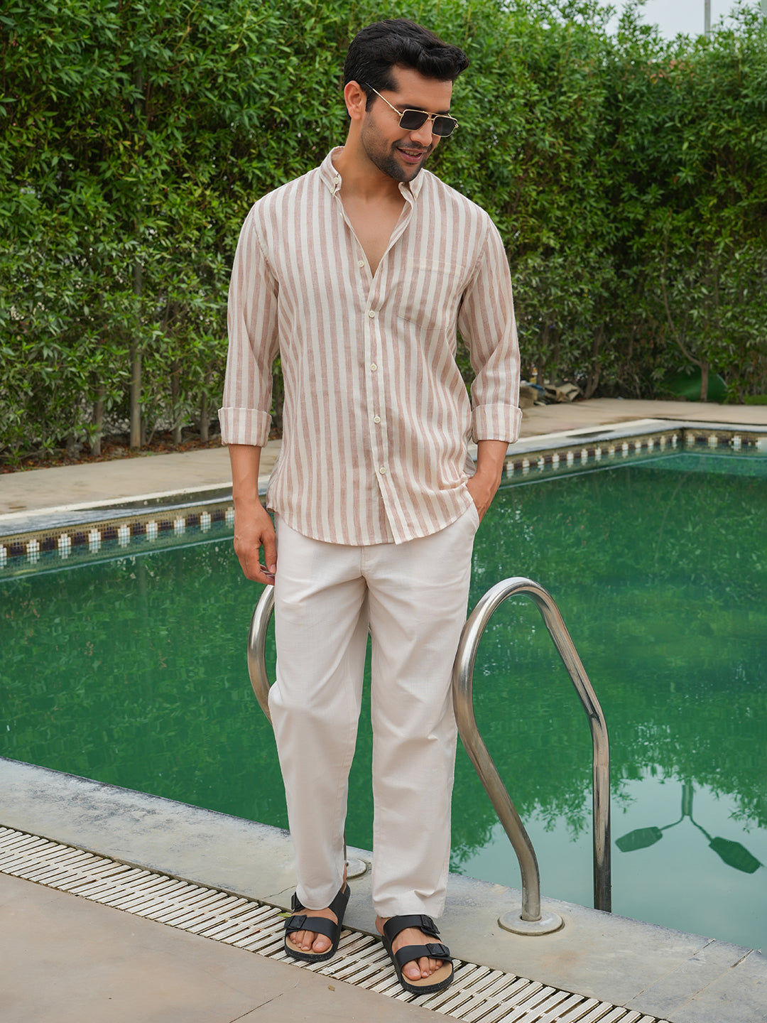Rust Striped Slim Fit Linen Cotton Shirt