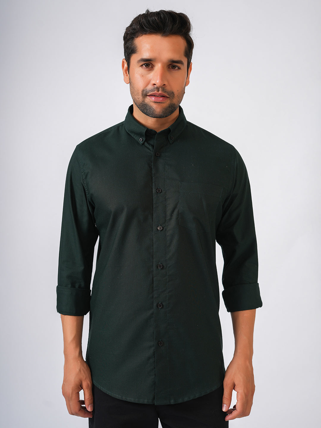Bottle Green Solid Slim Fit Cotton Shirt