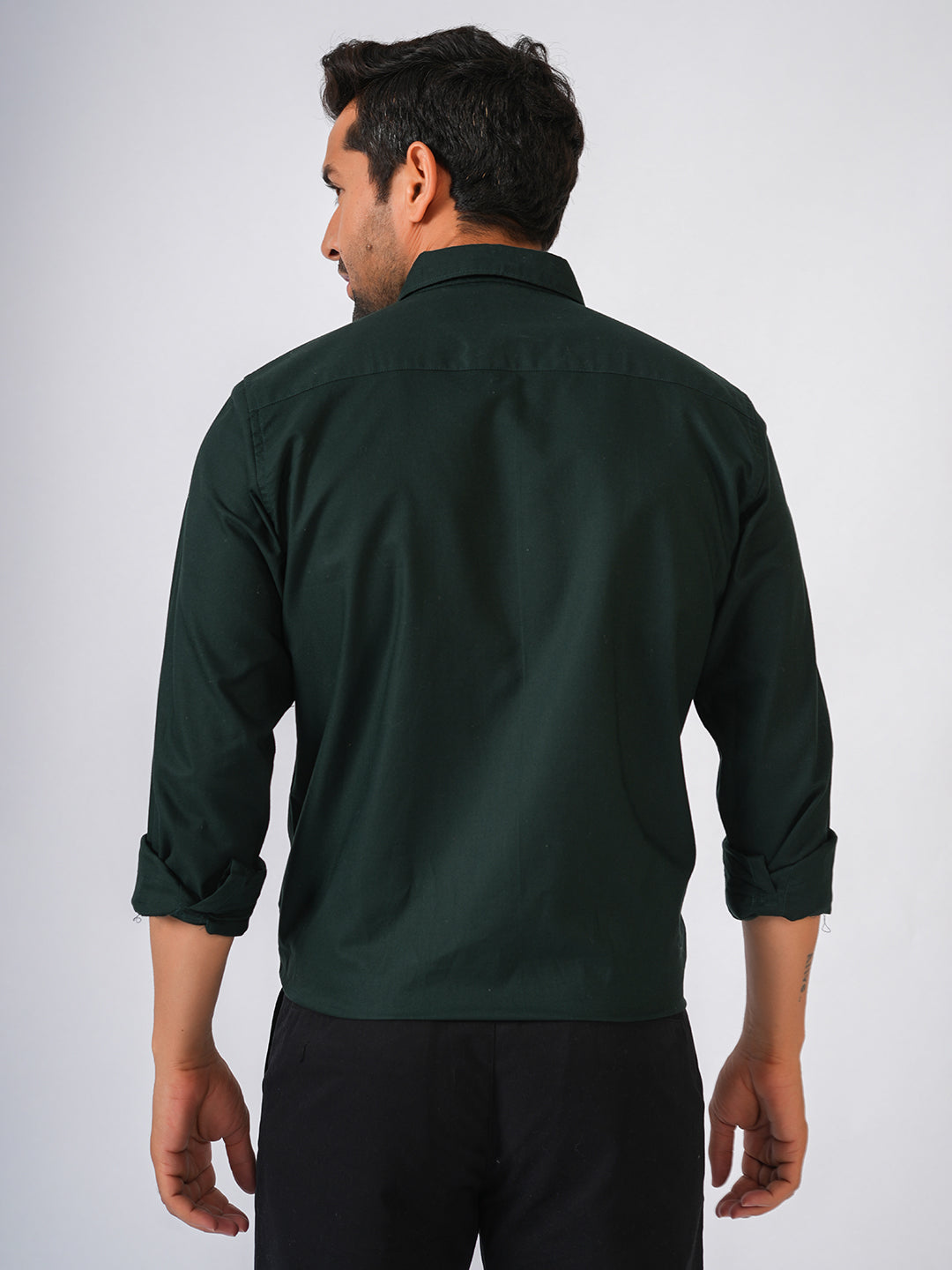 Bottle Green Solid Slim Fit Cotton Shirt
