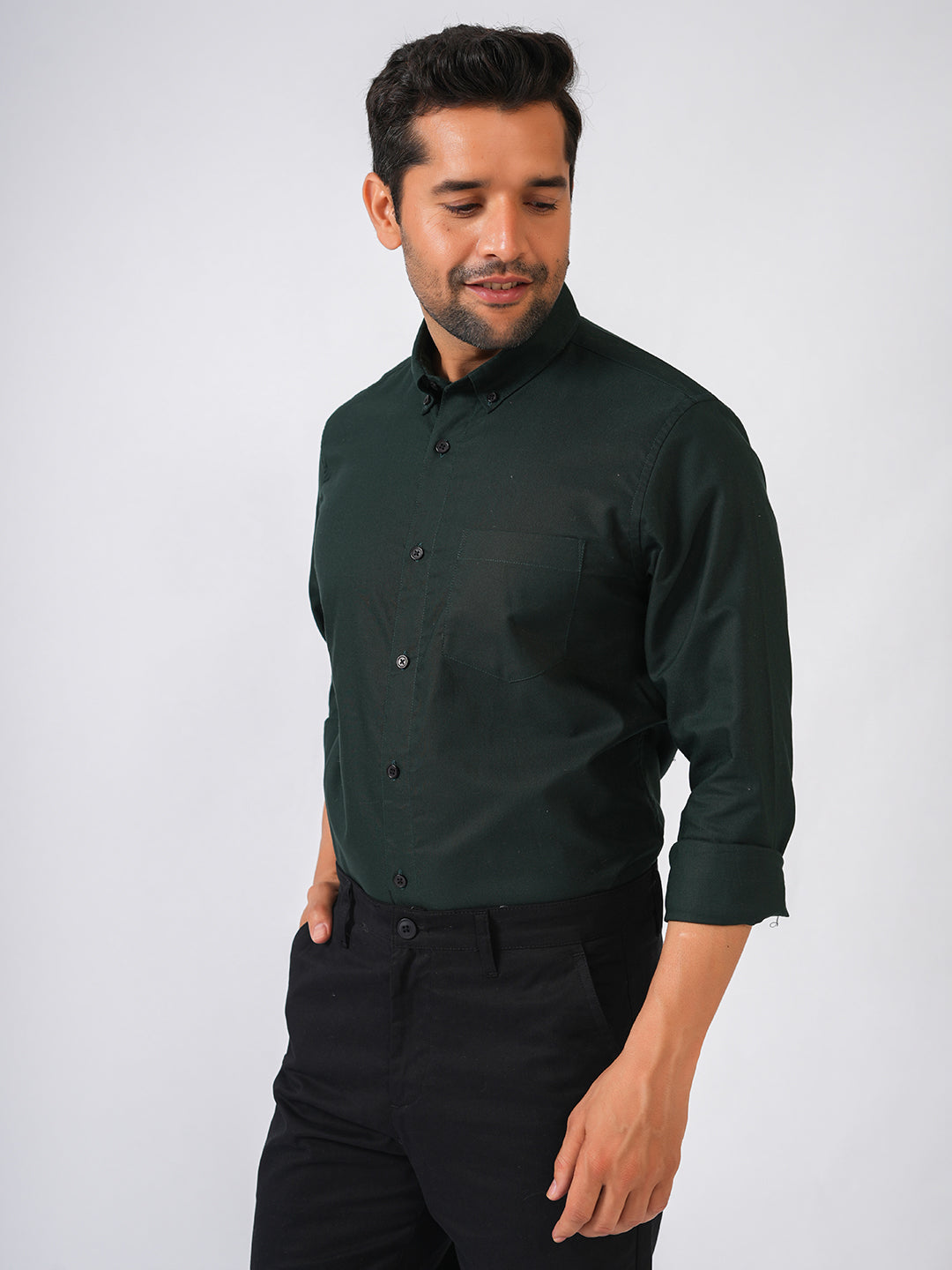 Bottle Green Solid Slim Fit Cotton Shirt