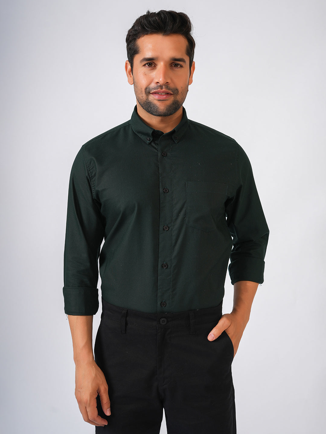Bottle Green Solid Slim Fit Cotton Shirt