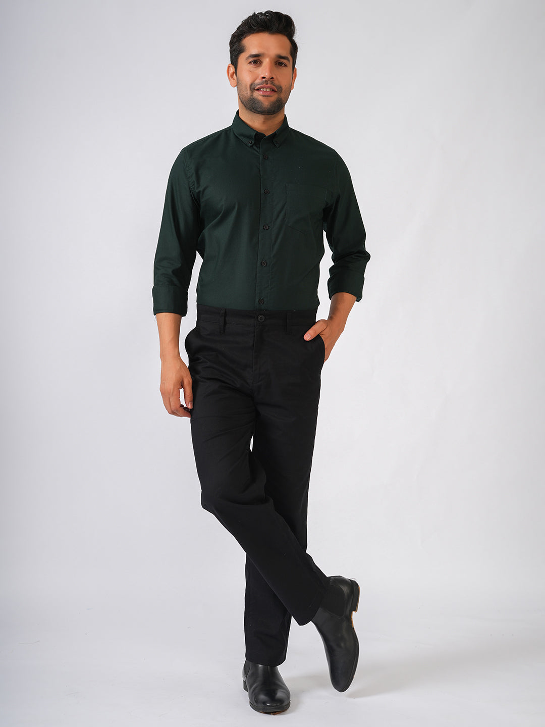 Bottle Green Solid Slim Fit Cotton Shirt