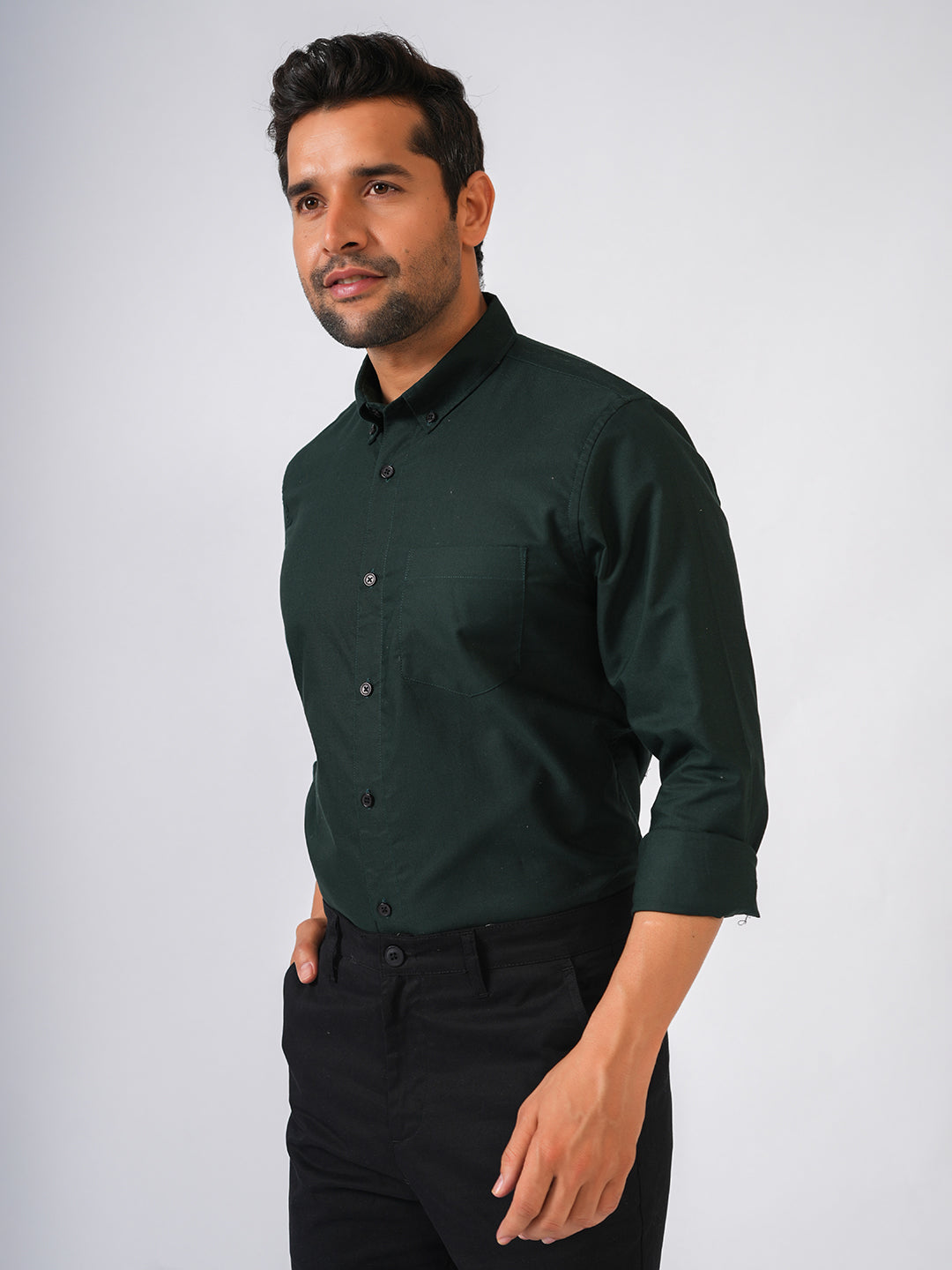 Bottle Green Solid Slim Fit Cotton Shirt